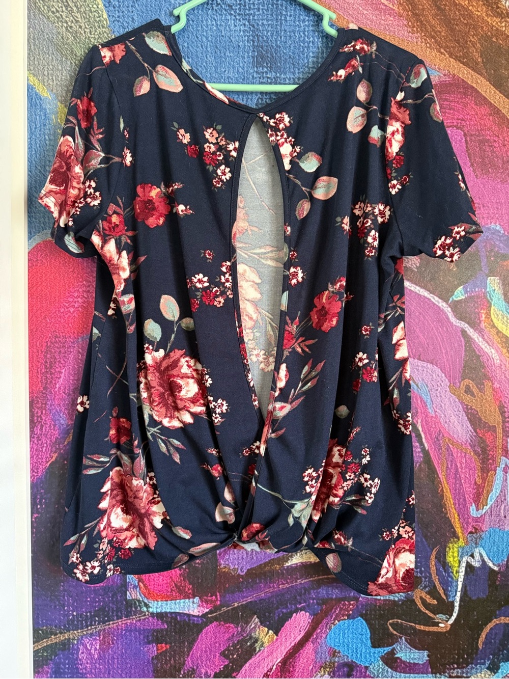 Day trip Navy Floral Short Sleeve Open Back Top - Navy with Pink Floral